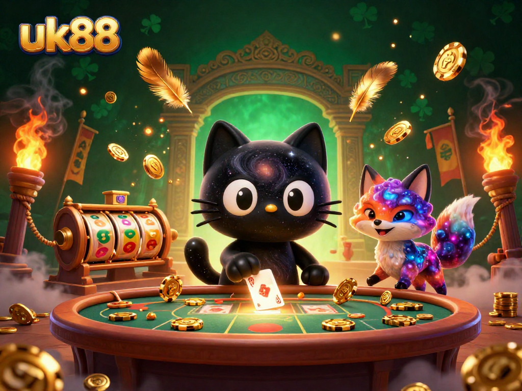 Experience the vibrant energy of uk88 casino with golden chips and dynamic characters in a cosmic setting.