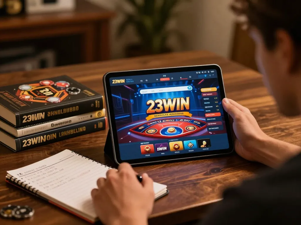 Player using a tablet to access trang chủ 23win for online casino gaming strategies in a cozy room.