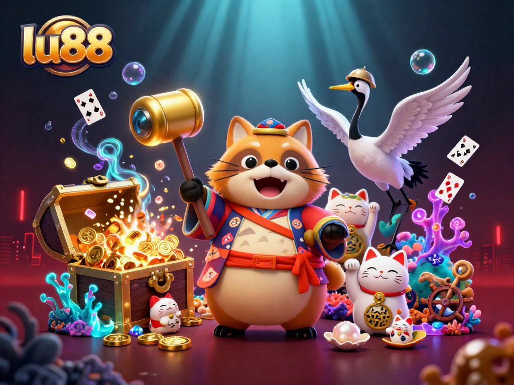 Experience thrilling gambling with lu88 as cheerful tanuki and samurai crane bring fortune underwater.