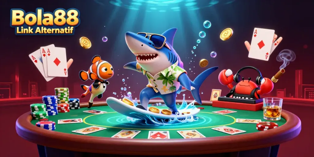 Experience the thrill of Bola88 Link Alternatif with this vibrant 3D scene featuring animated casino elements.