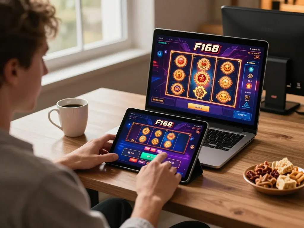 Player engaging with F168 casino app on tablet in a cozy home gaming setup.