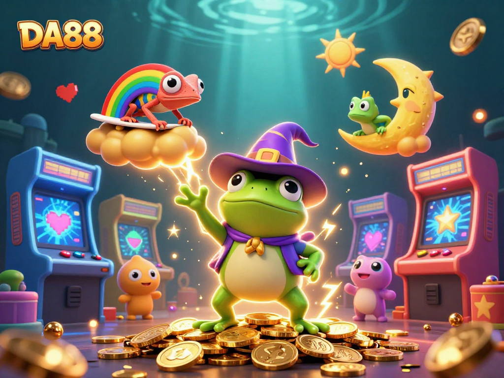 DA88 showcases vibrant casino action with wizard frog, chameleon, and gaming elements.