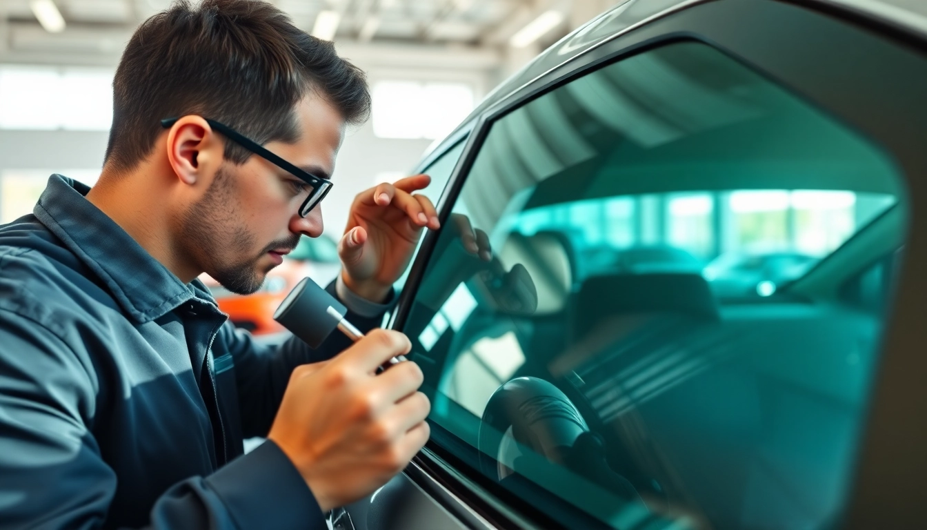 Apply ceramic window tint with precision in a bright automotive shop setting.