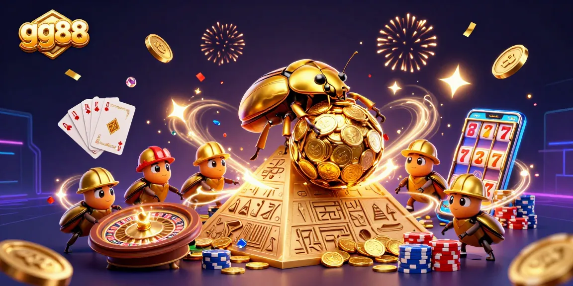 Experience exciting wins at gg88 with a golden dung beetle rolling jackpot coins in a vibrant casino.