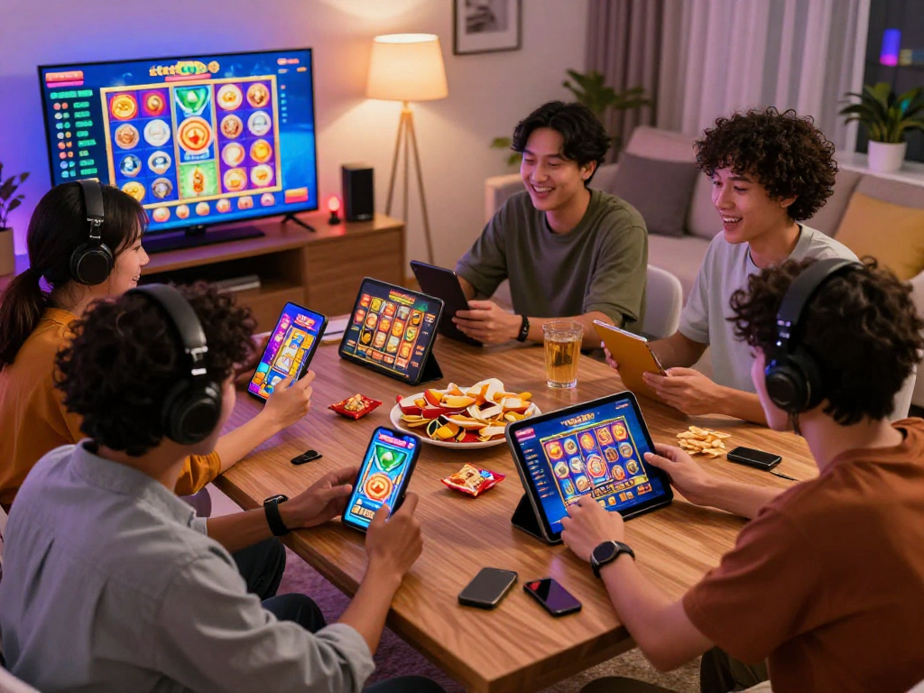 Players enjoying slot88 games on multiple devices in a cozy living room setting, showcasing vibrant animations and an engaging atmosphere.