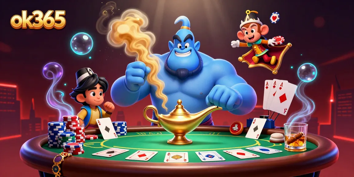 Engage in thrilling gaming at ok365, featuring a vibrant 3D scene with genies, poker chips, and exciting casino elements.
