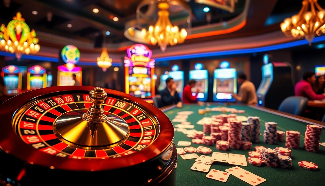 Place bets at Luckywin casino with vibrant tables and spinning roulette wheels.