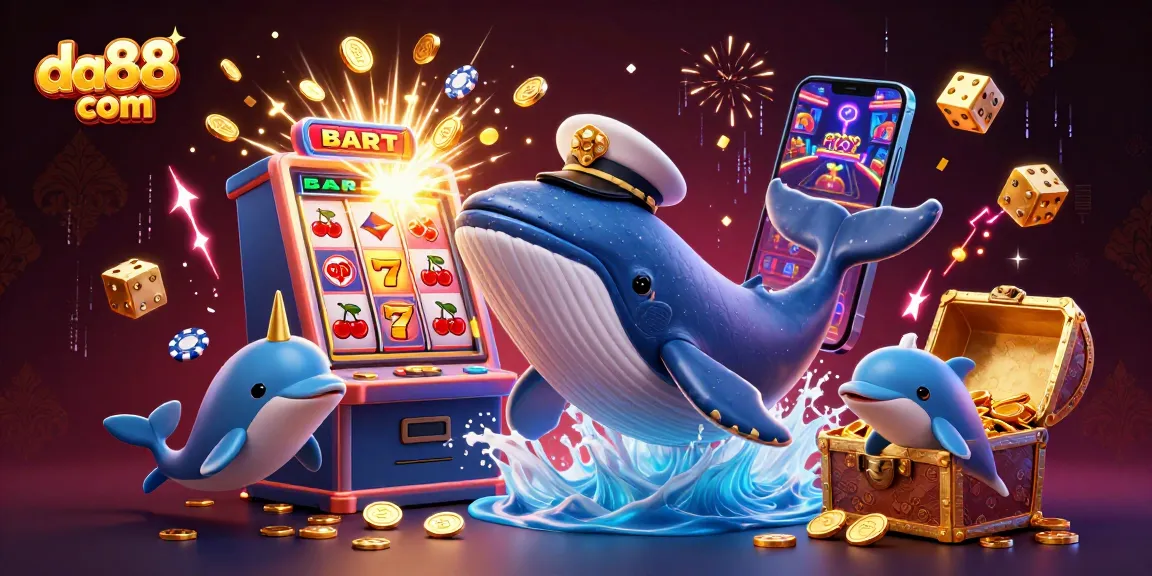 Experience the excitement at da88 com with a vibrant 3D illustration featuring a whale in a captain's coat amidst a treasure of coins and casino elements.