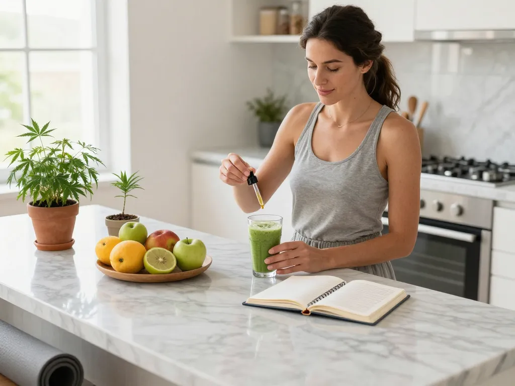 Sigarette elettroniche e olio di CBD in una cucina luminosa, che mette in risalto prodotti di benessere naturale e uno stile di vita incentrato sulla salute.