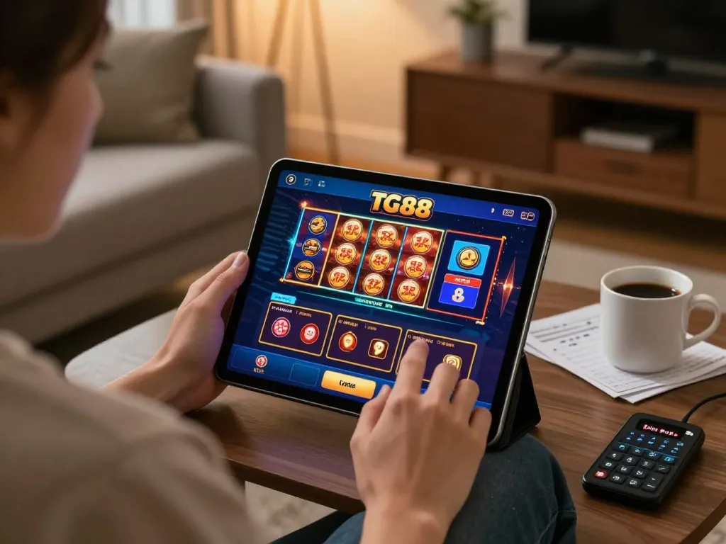 Player engaging with the TG88 casino app on tablet, surrounded by cozy home elements, embodying responsible gaming.