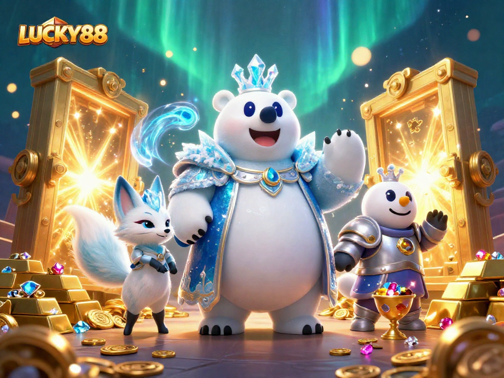Experience thrilling wins at LUCKY88 with cartoon polar bear and snow fox among gold treasures.
