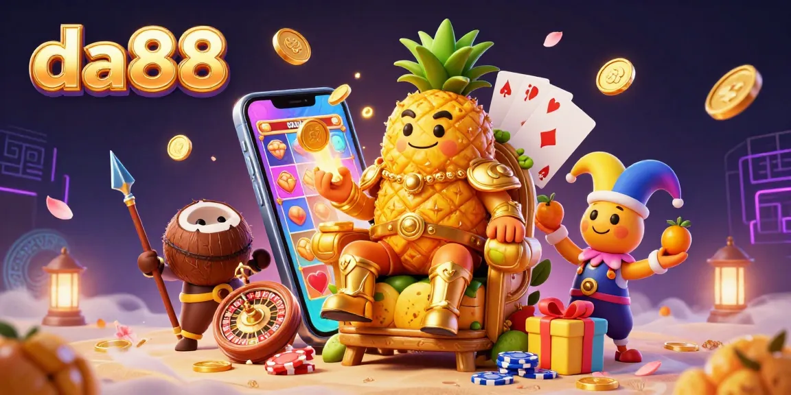 Engage in thrilling slots at da88 as the golden pineapple king presides over an energetic beach casino scene.