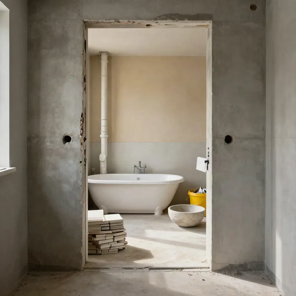 Bagno in ristrutturazione con vasca rimossa, tubi a vista e materiali pronti sul pavimento.