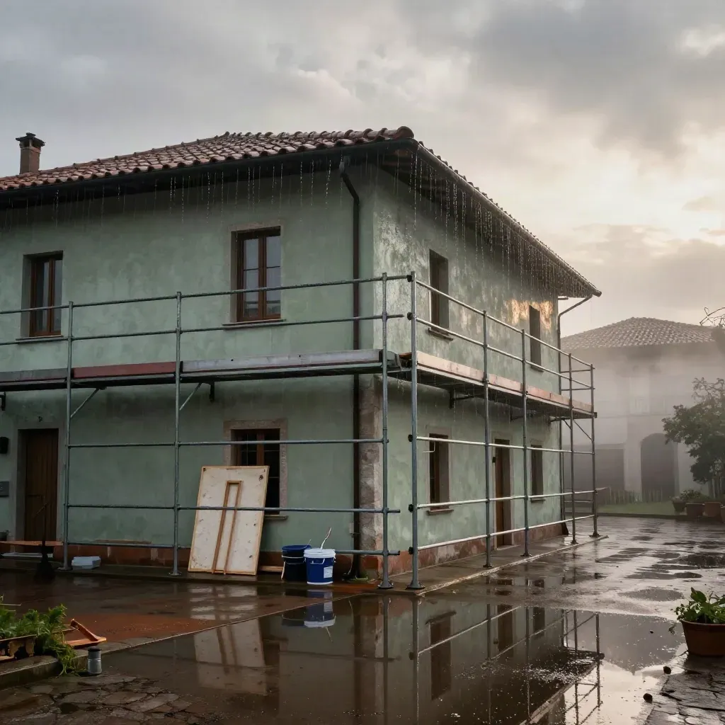 Facciata di townhouse italiana con ponteggi, mattoni, isolamento e cortile bagnato al mattino