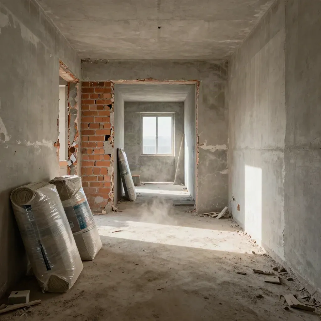 Interno di appartamento in ristrutturazione con luce mattutina, materiali isolanti e polvere sospesa.