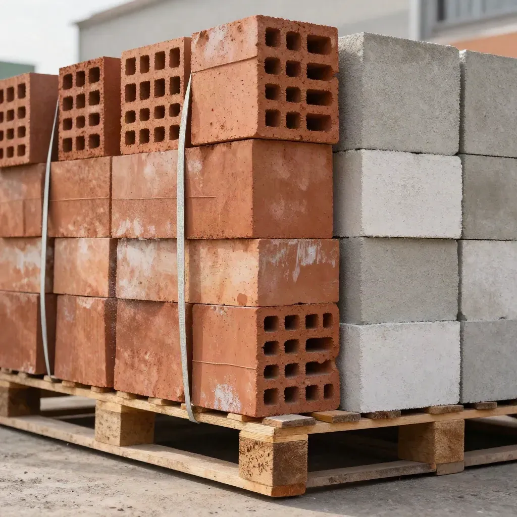 Pallet di mattoni forati e blocchi in aerato appena aperti in cantiere, con polvere nell’aria