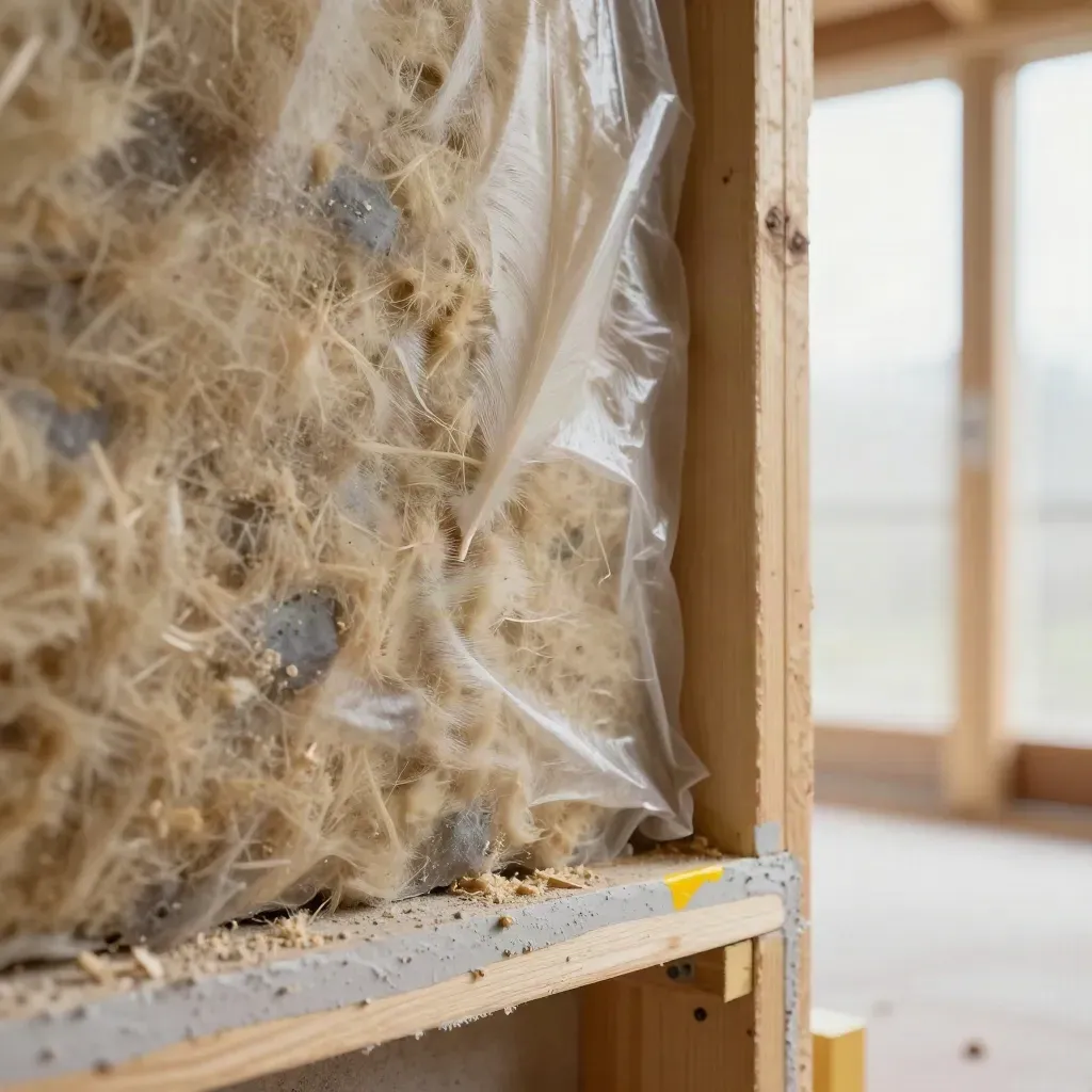 Sezione muraria con lana minerale, membrana e intonaco in un’apertura di cantiere.