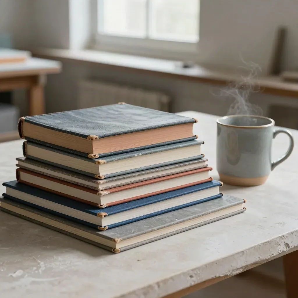 Libri edilizi chiusi, campioni di piastrelle e tazza su tavolo chiaro vicino alla finestra