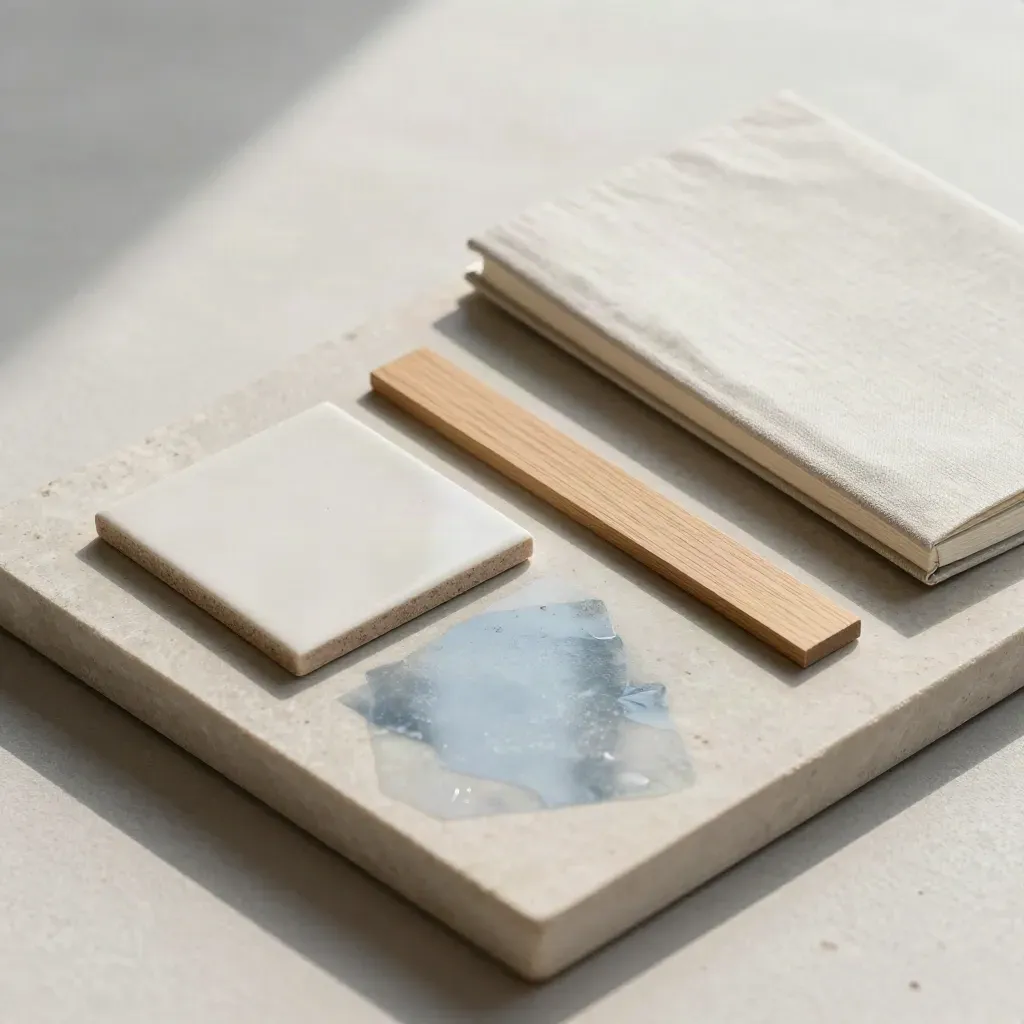 Kit ristrutturazione con piastrella, intonaco, rovere e taccuino chiuso su pietra chiara.