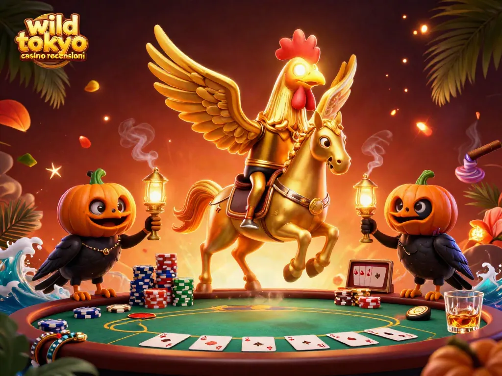 Explore wild tokyo casino recensioni with a golden rooster hero in an exciting midnight casino setting.