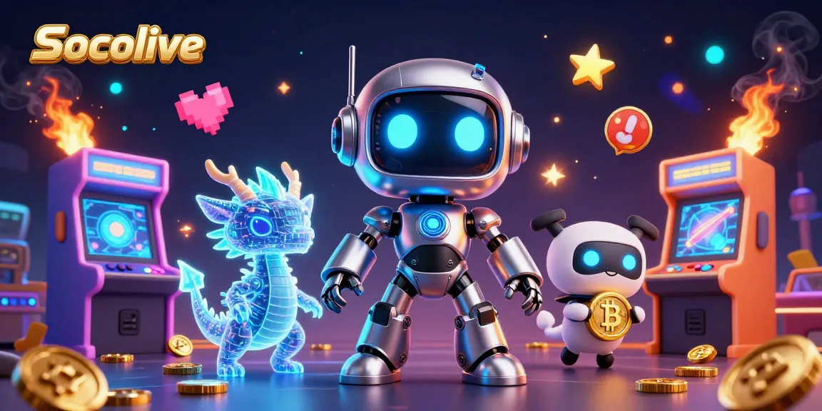 Socolive showcases a cyberpunk robot mascot and AI dragon among vibrant gaming elements.