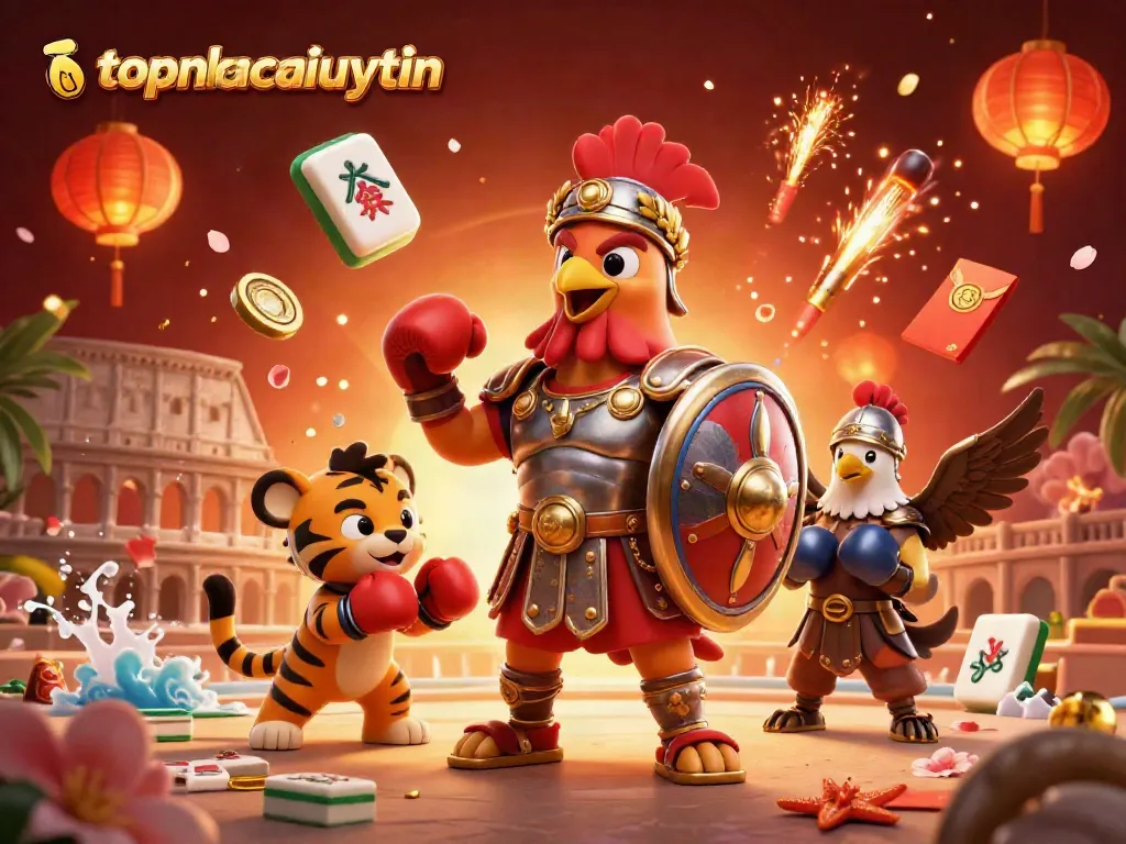 Engage with topnhacaiuytin in an explosive 3D casino scene featuring vibrant characters and elements.