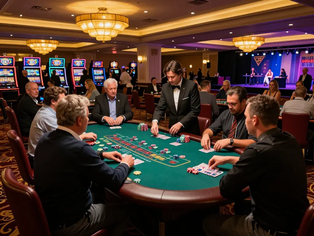 Players at MB66 blackjack table strategizing their bets in a vibrant casino atmosphere.