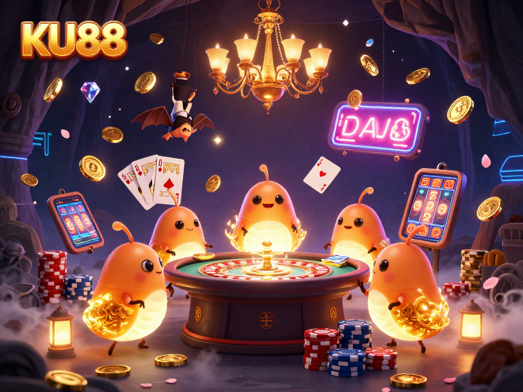 KU88 illuminates a vibrant cave casino with glowworms, gold coins, and dazzling games.