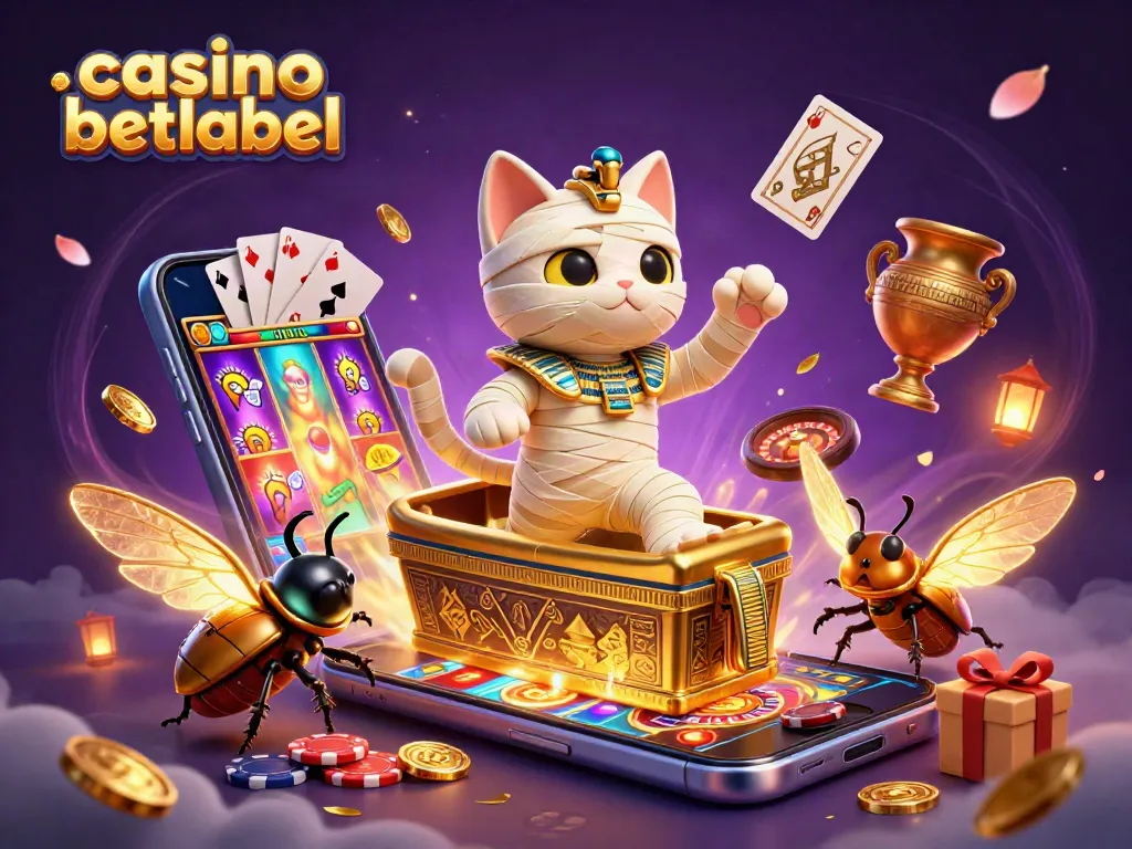 Experience the excitement of casino betlabel with a vibrant 3D scene featuring an Egyptian mummy cat and games.