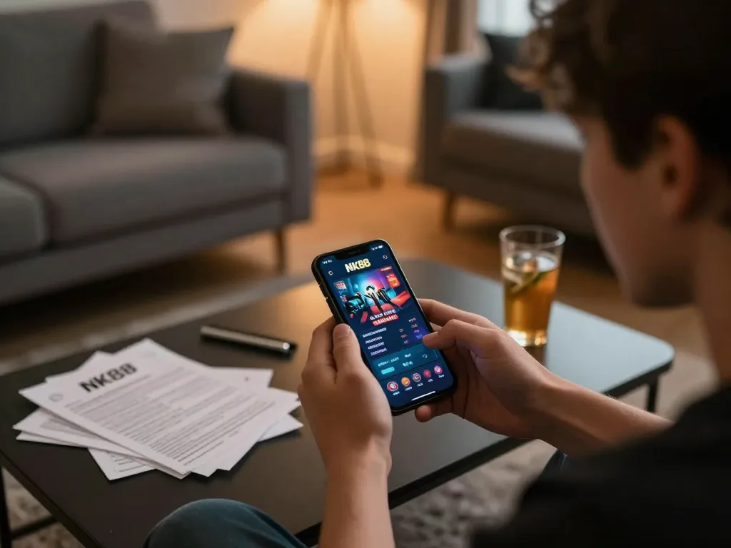 Engaging with the NK88 casino app on smartphone for real-time betting strategies.