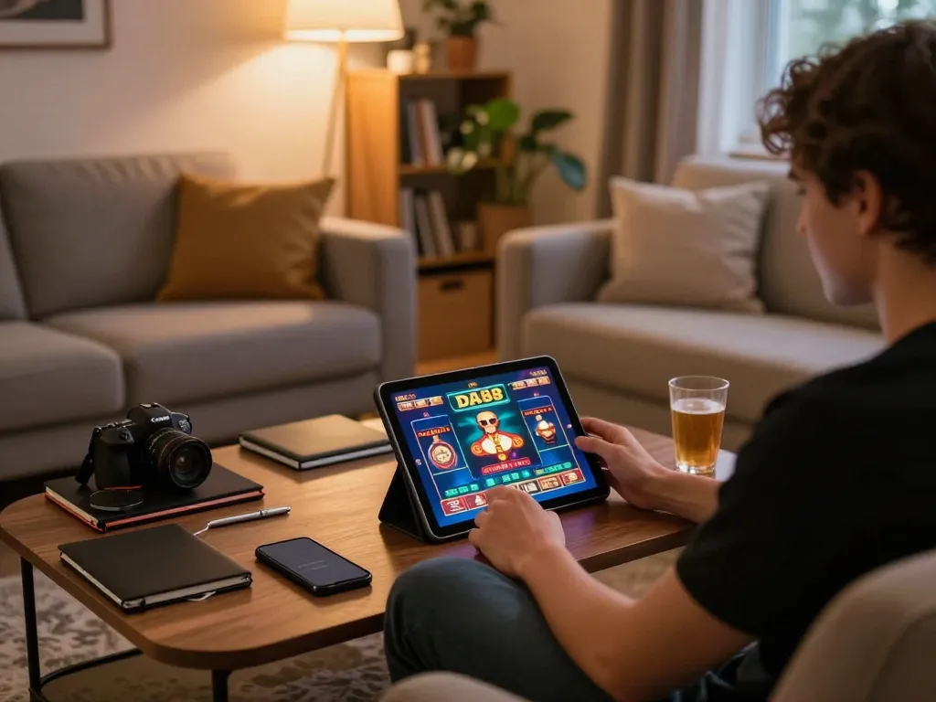 Engaging in DA88 online casino gaming on a tablet from a stylish home setup, creating a cozy atmosphere for strategic play.