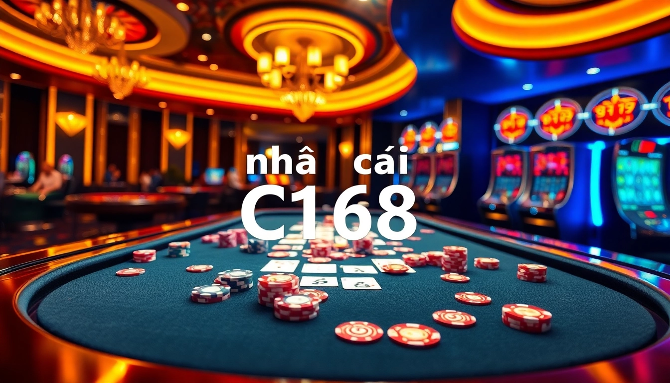 Experience thrilling games at nhà cái C168 with vibrant casino tables filled with chips and cards.