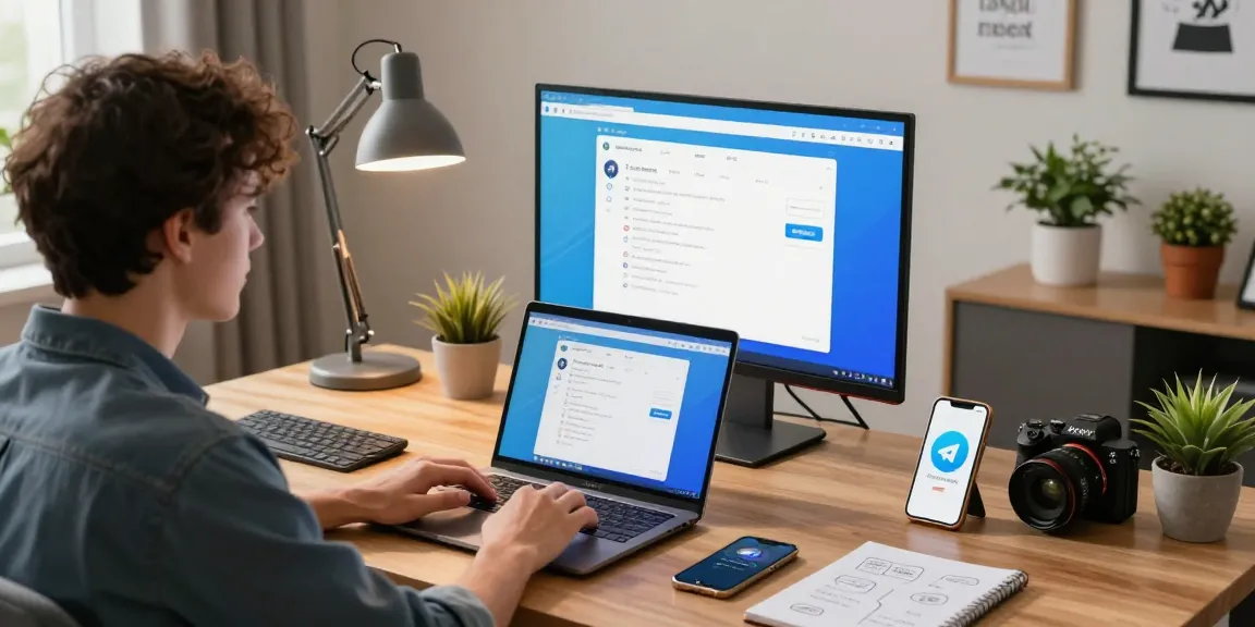 User accessing the Telegram web version on a laptop in a modern home office, showcasing an inviting workspace.
