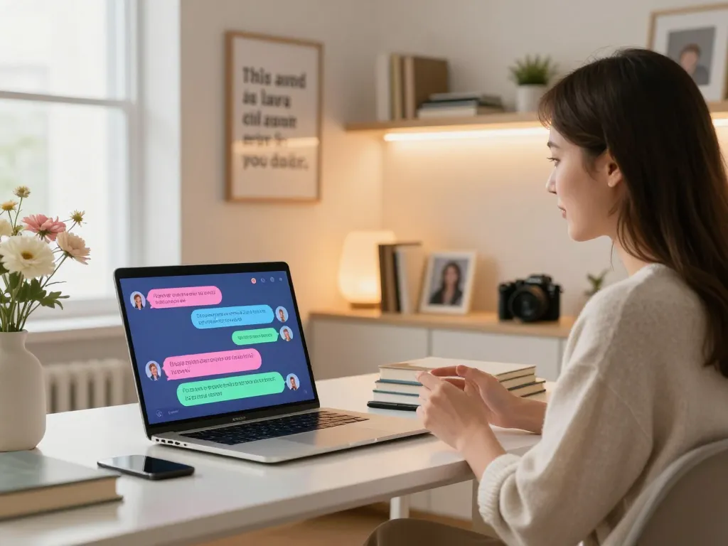 Young woman engaging in playful sex ai chat in a cozy digital room with vibrant chat bubbles.