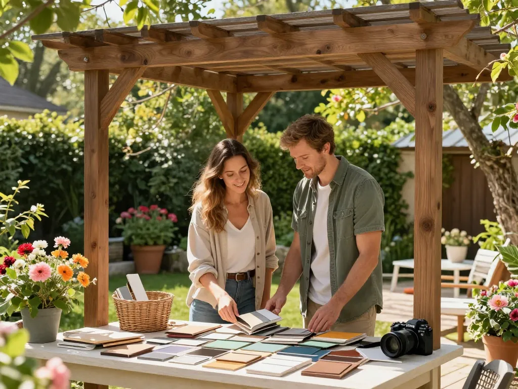 Configuratore pergola online in action, couple customizing outdoor pergola at sunny garden.