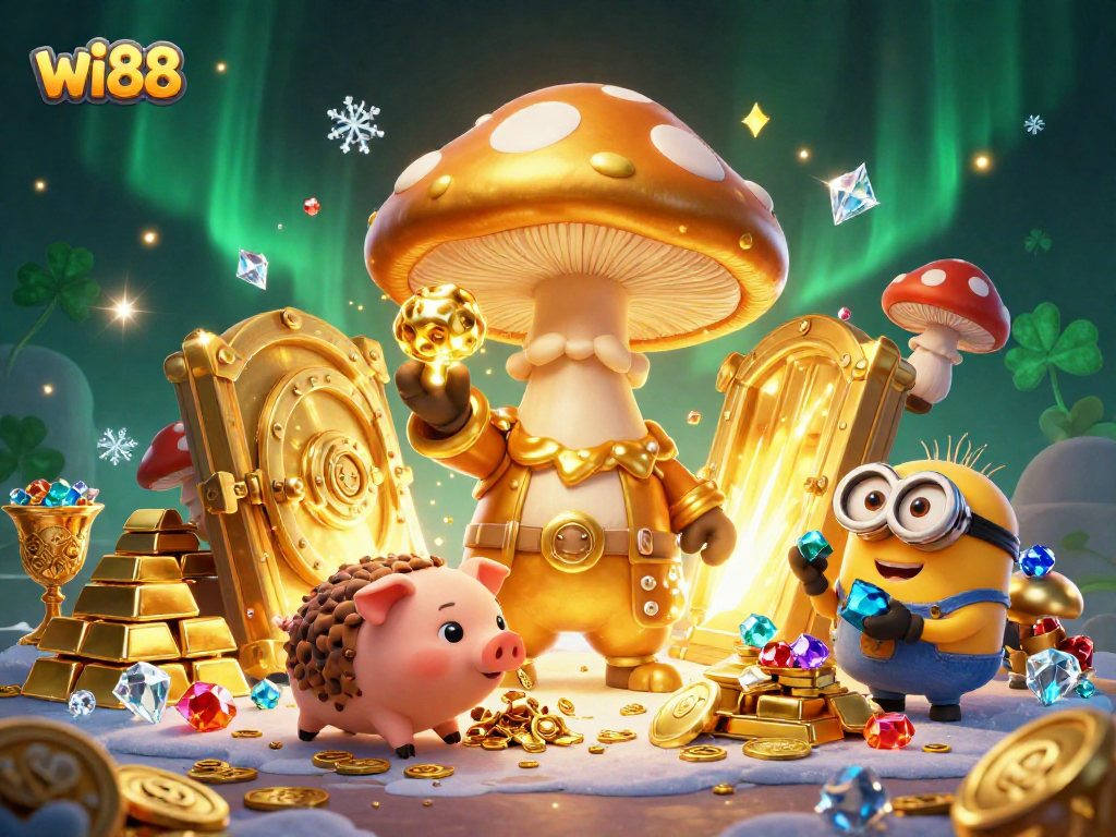 Experience the magic of wi88 with this vibrant casino scene featuring a golden wizard and treasures.