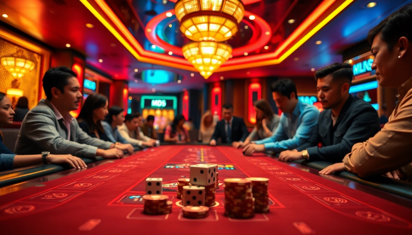 Players enjoying Tài Xỉu MD5 at a vibrant casino table, showcasing excitement and security with hash verification.