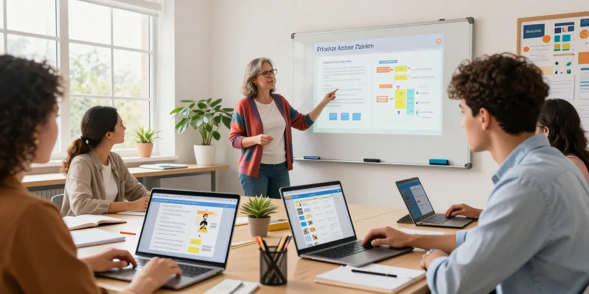 Teachers engaging with EMStudio's online teacher planner in a collaborative classroom setting, demonstrating effective classroom management.