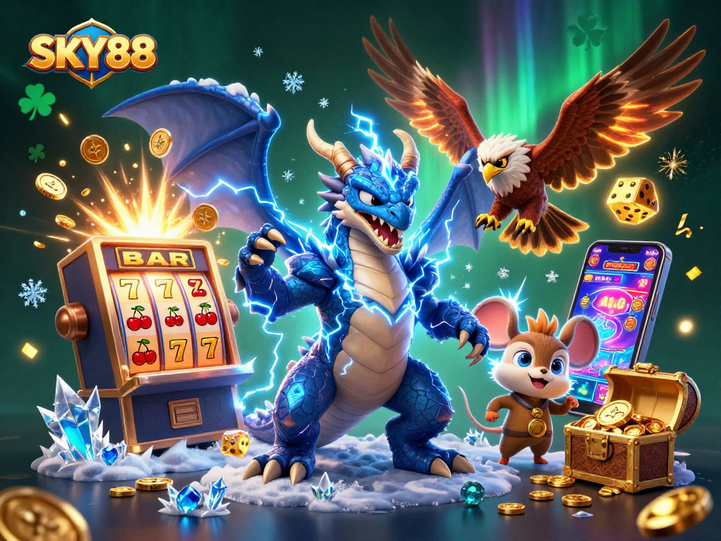 SKY88 vibrant 3D casino scene showcasing an electric dragon with slot machines and gold