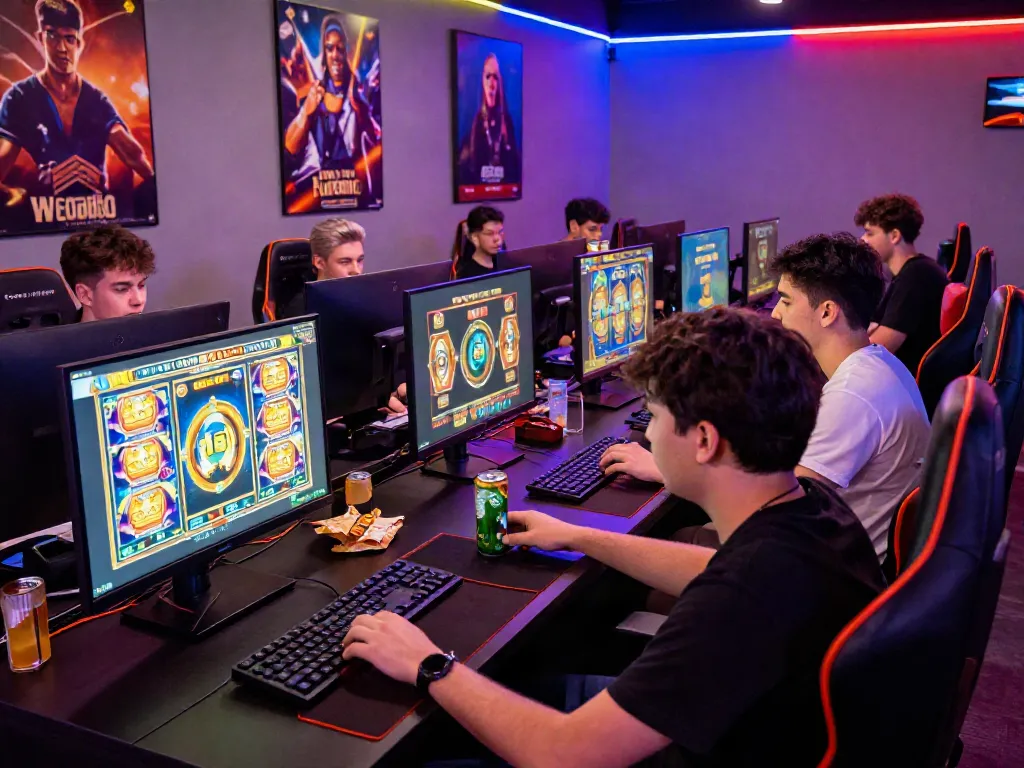 Exciting rokok88 online gaming scene with pro players in vibrant gaming hub.
