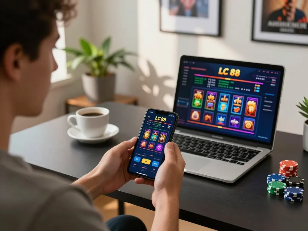 Player engages with LC 88 app on smartphone, highlighting modern mobile gaming experience.
