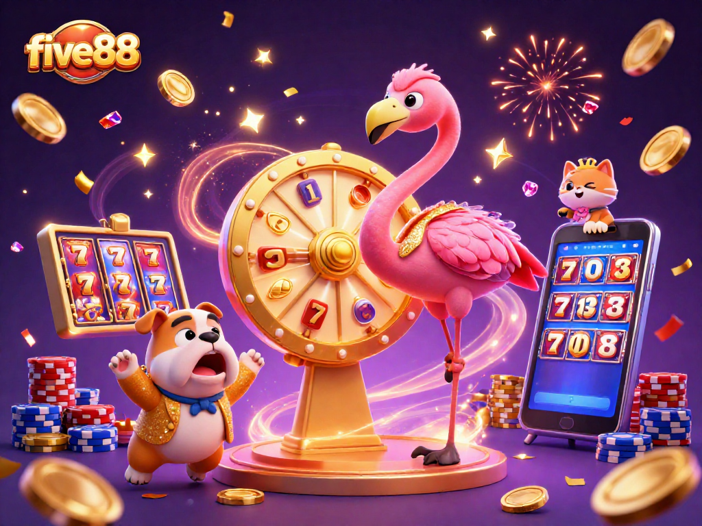 Engaging scene of five88 with a flamingo game host, bulldog contestant, and cat assistant revealing prizes amidst slot machines.