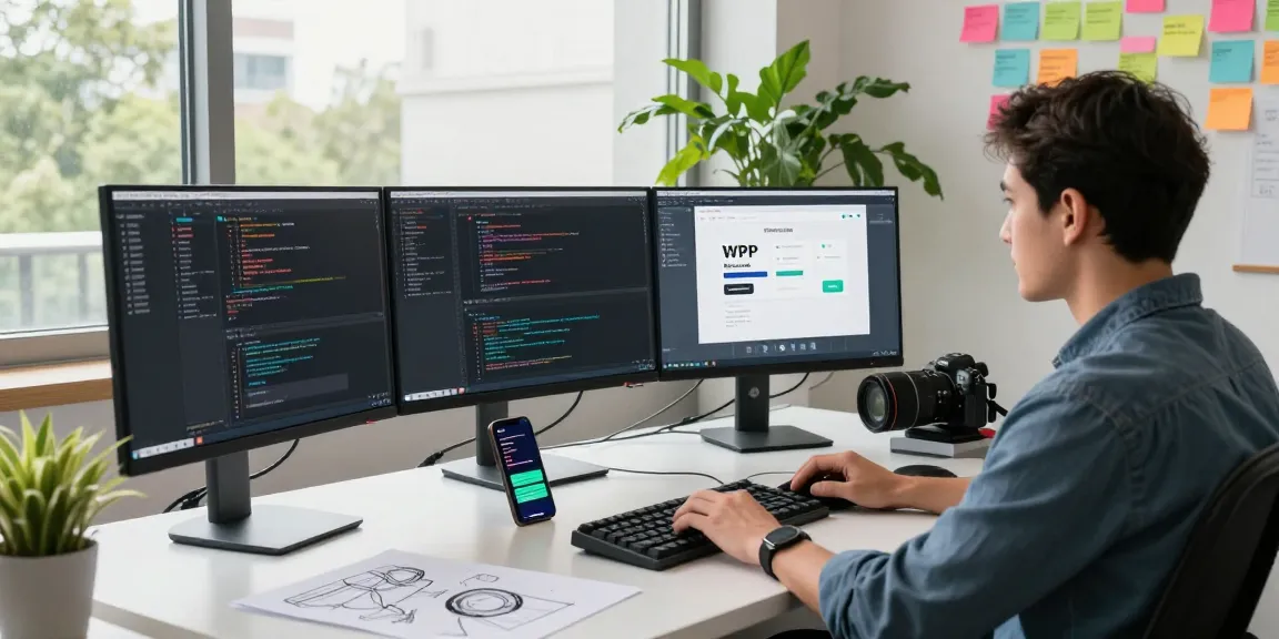 Efficient workspace with software developer focused on WPS Download functionality and tech gadgets.