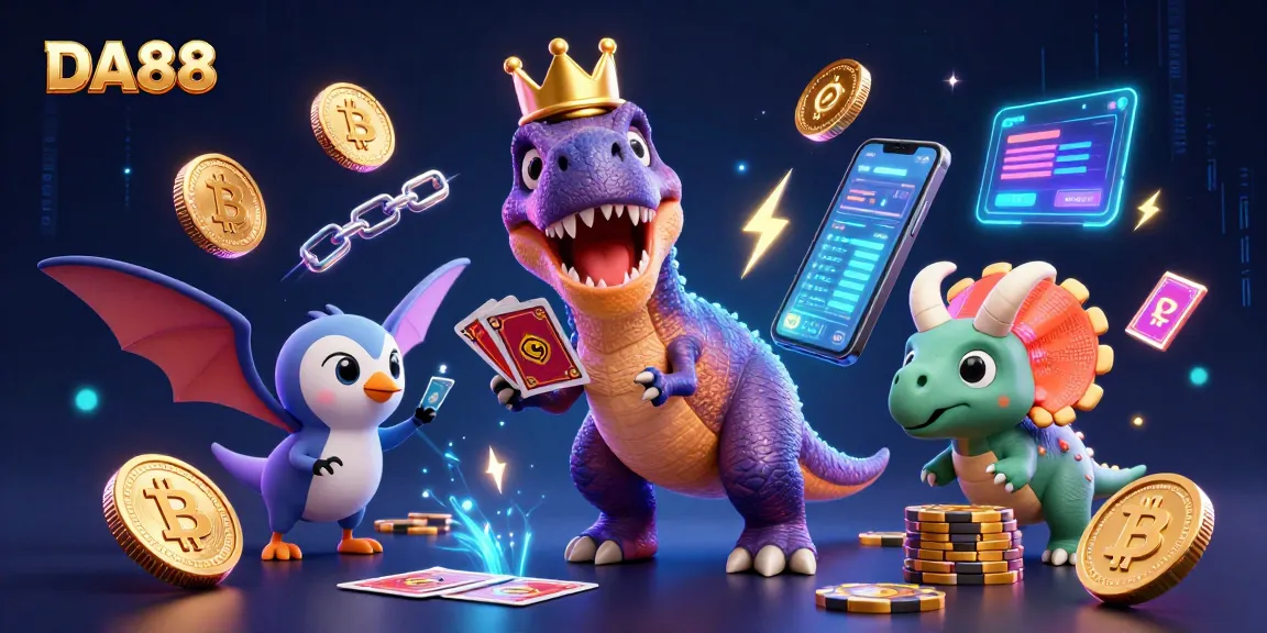 DA88 leverages casino vibes as a T-Rex card player with crypto coins and neon effects.