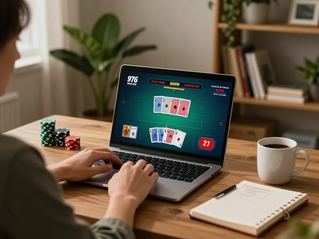 Player engaging in blackjack on 98win.com with strategic notes and cozy home setup.