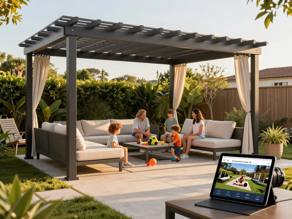 Scena interattiva del configuratore pergole 3D con una famiglia che si gode una pergola esterna personalizzata