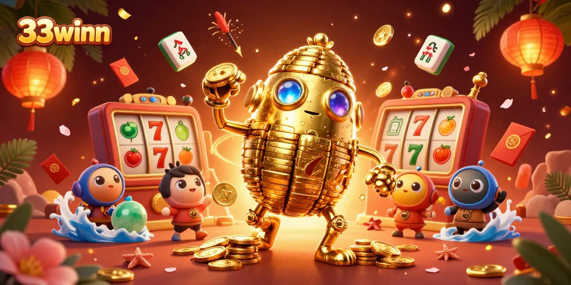 Engage with 33winn's vibrant casino world featuring a golden golem and colorful slot elements.