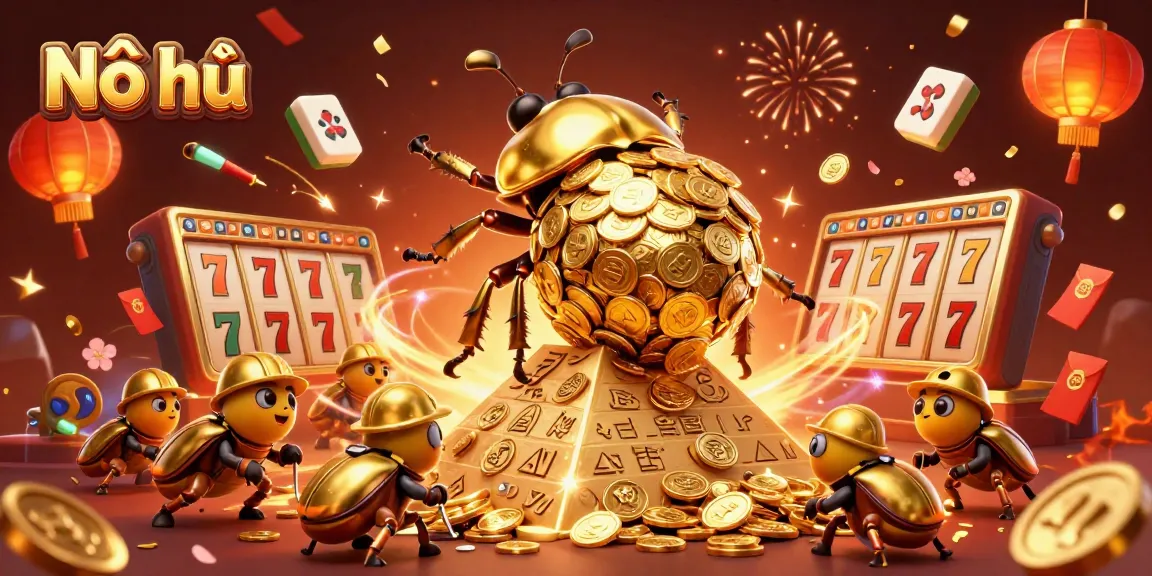 Engage with Nổ hũ by rolling golden coins up a pyramid in a vibrant casino scene full of exciting elements.