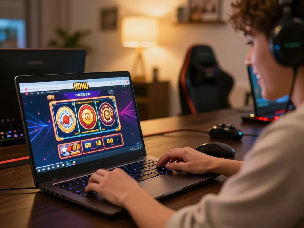 Engaging in NOHU online gaming while enjoying a vibrant display of slot machines on the laptop.