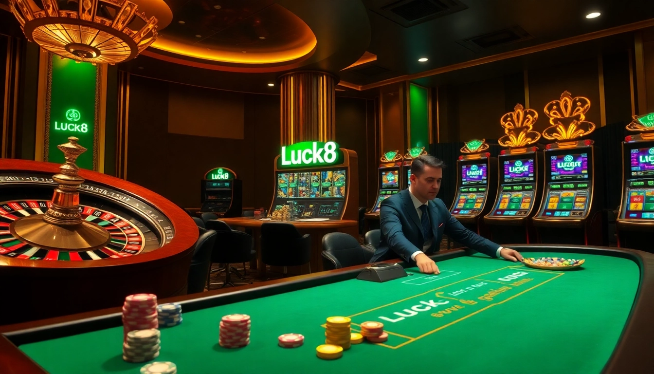 Experience the excitement of Luck8 with a vibrant casino scene showcasing roulette, poker chips, and sleek slot machines.